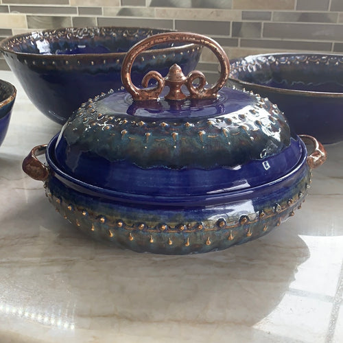 Cobalt Lace covered casserole